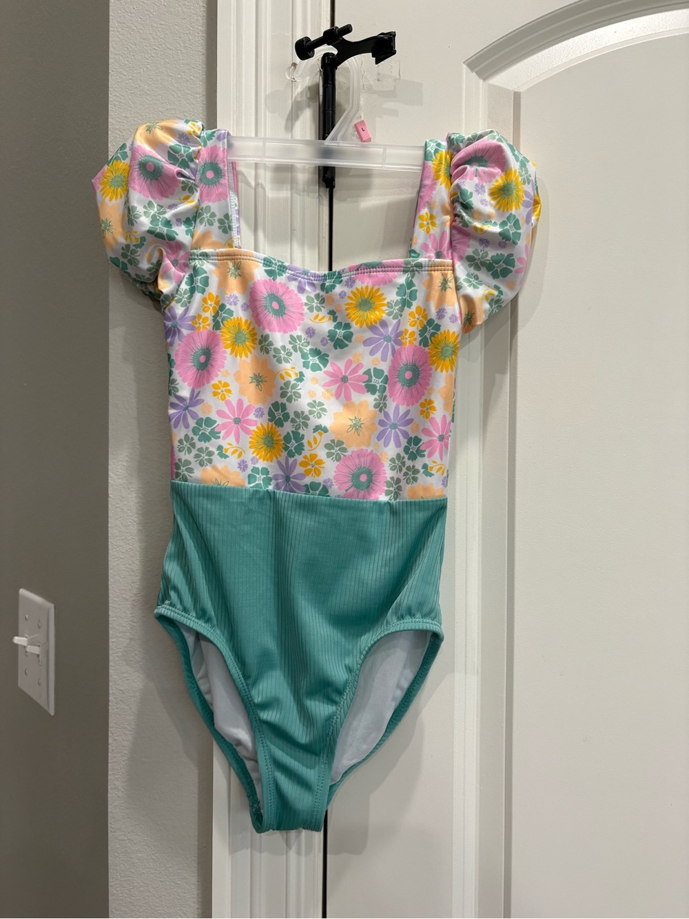 Wonder nation floral and minty blue one piece swim suit with puff sleeves M 7-8